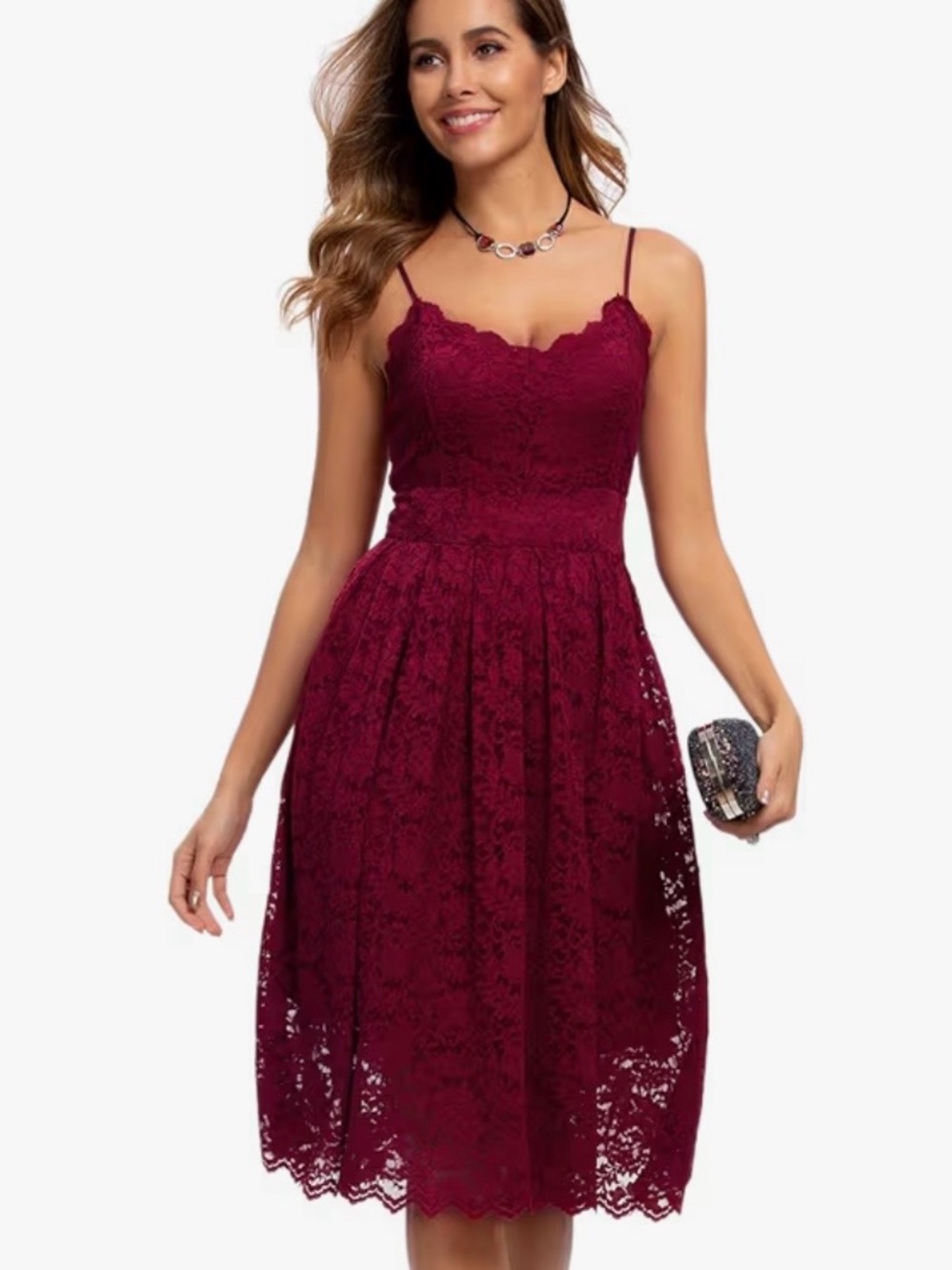 Spaghetti Strap Lace Midi Dress in Burgundy